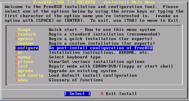 sysinstall menu